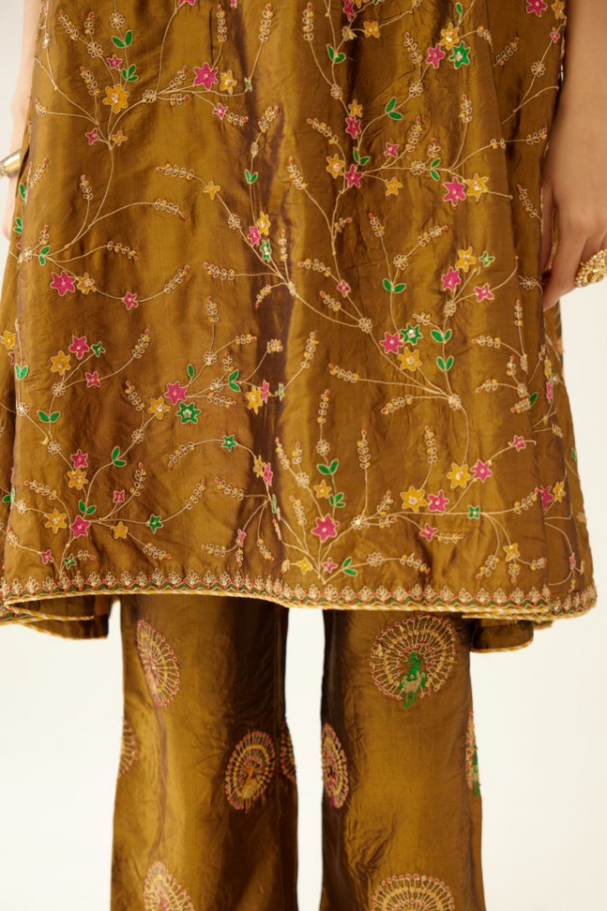 Golden Olive A-line Short Silk Kurta Set