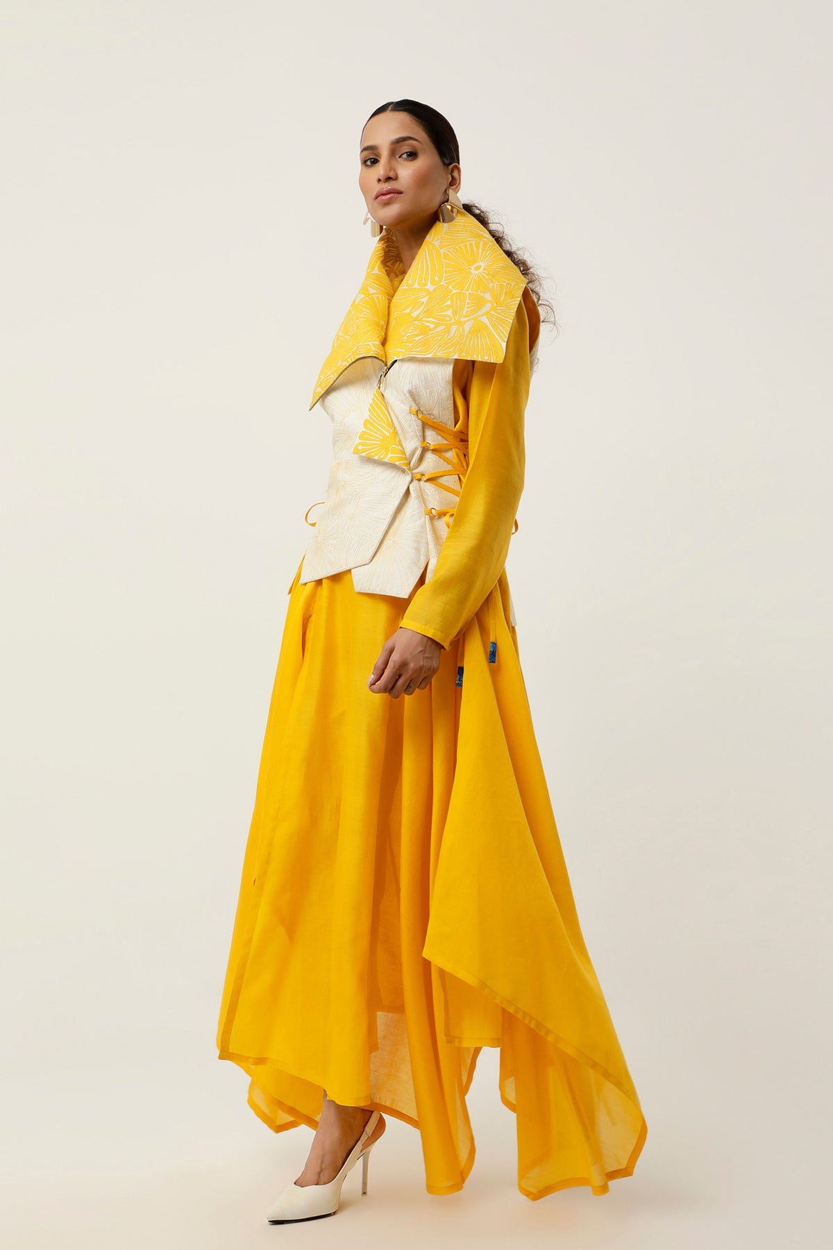 Yellow Drapped Collar Jacket Set