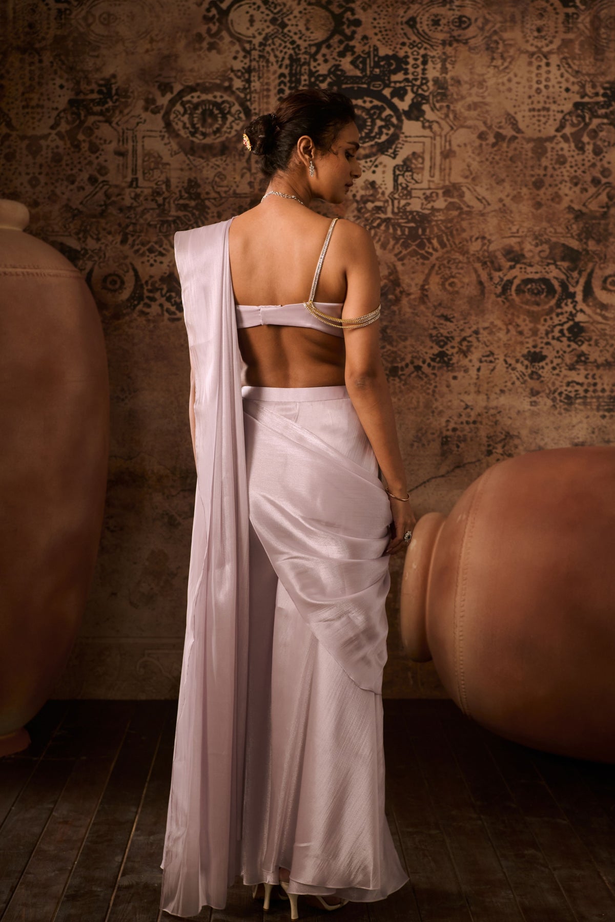 Silver Lilac Embroidered Top With Palazzo Saree