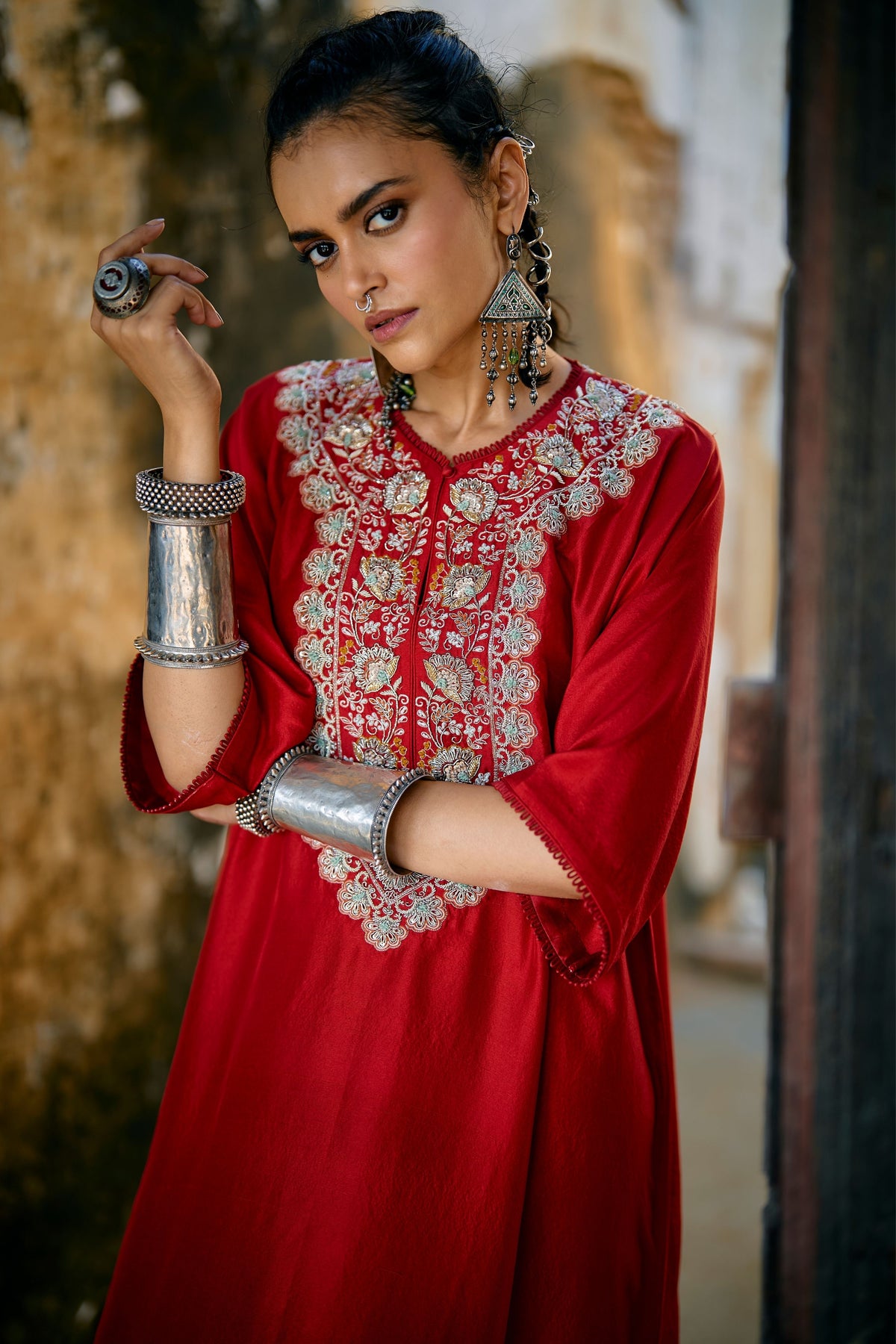 Embroidered Kaftan in Red