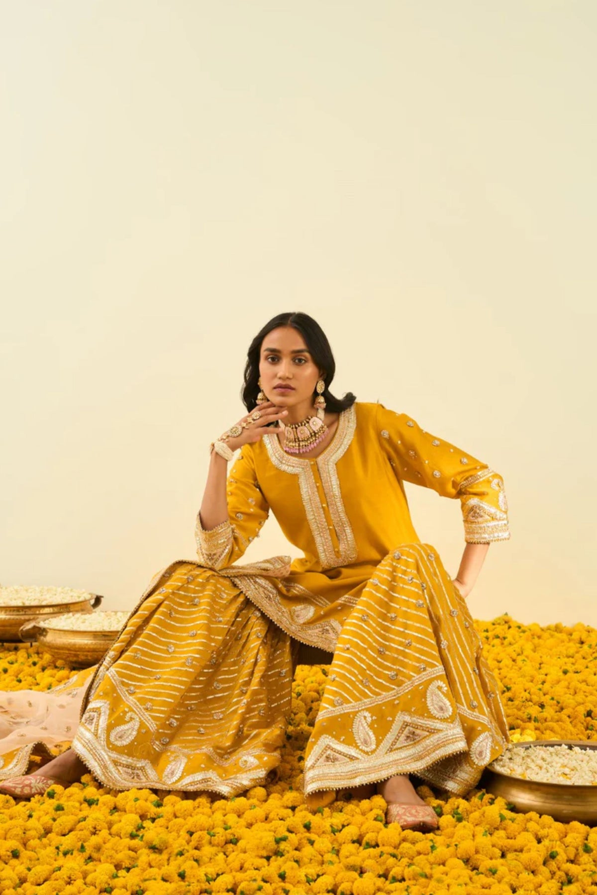 Shafna glaze mustard kurta set