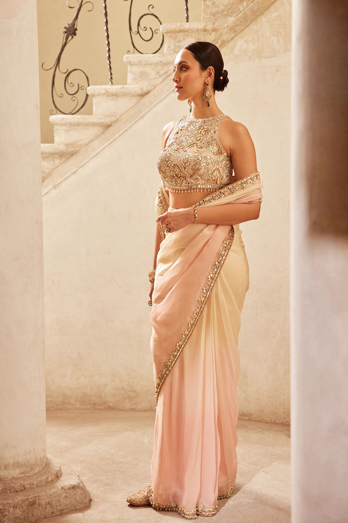 Pink Ivory Ombre Organza Saree Set