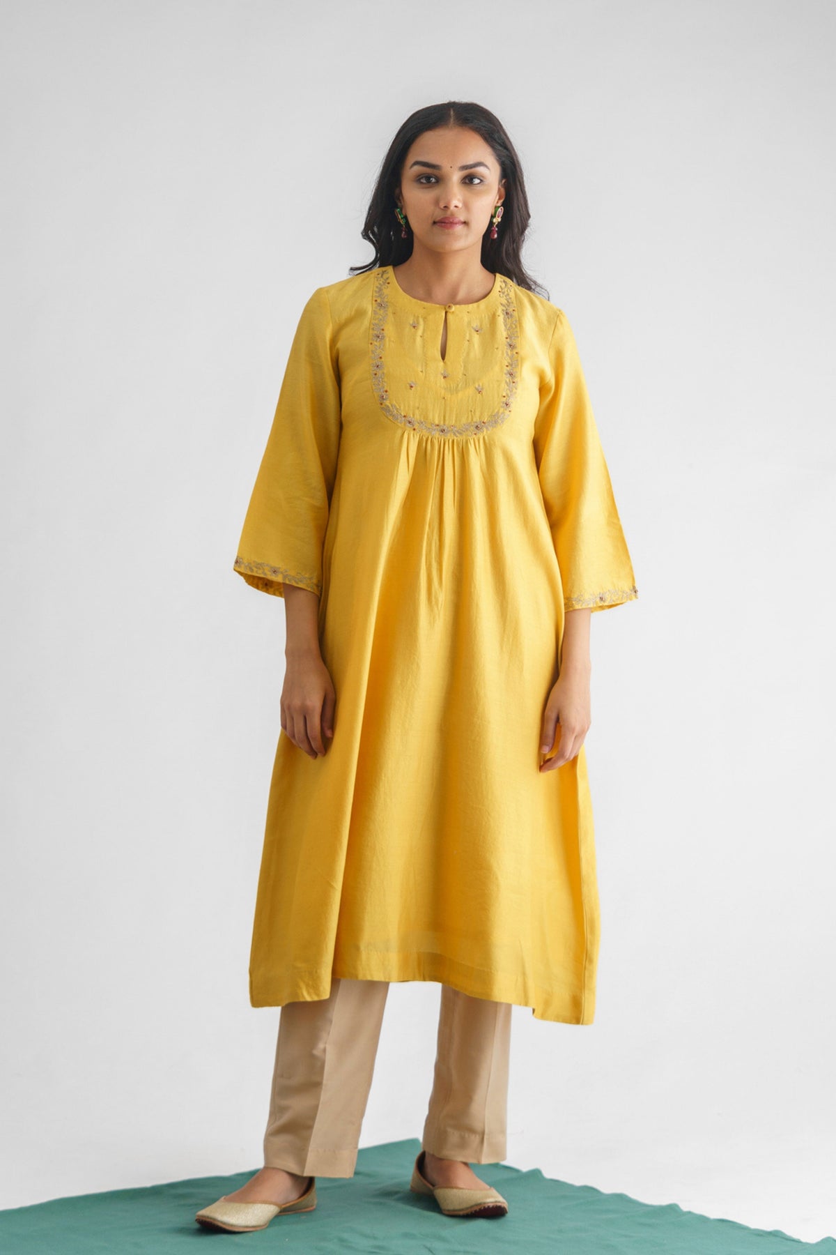 Yellow Gold Floral Embroidery Kurta