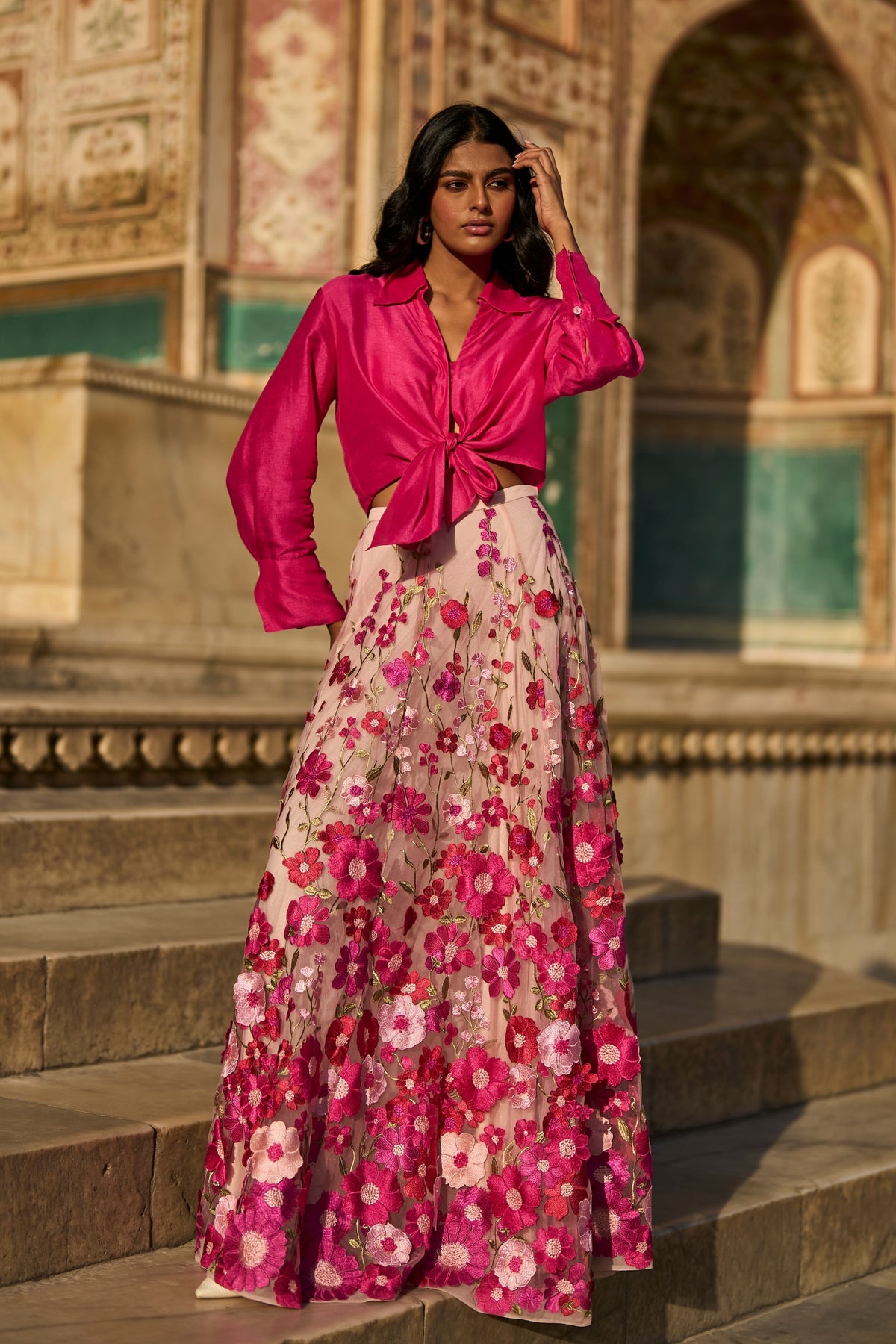 Pink 3d Floral Lehenga Set