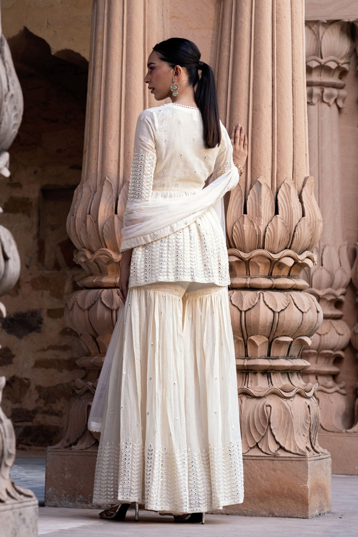 Off White Leaf Sharara Set