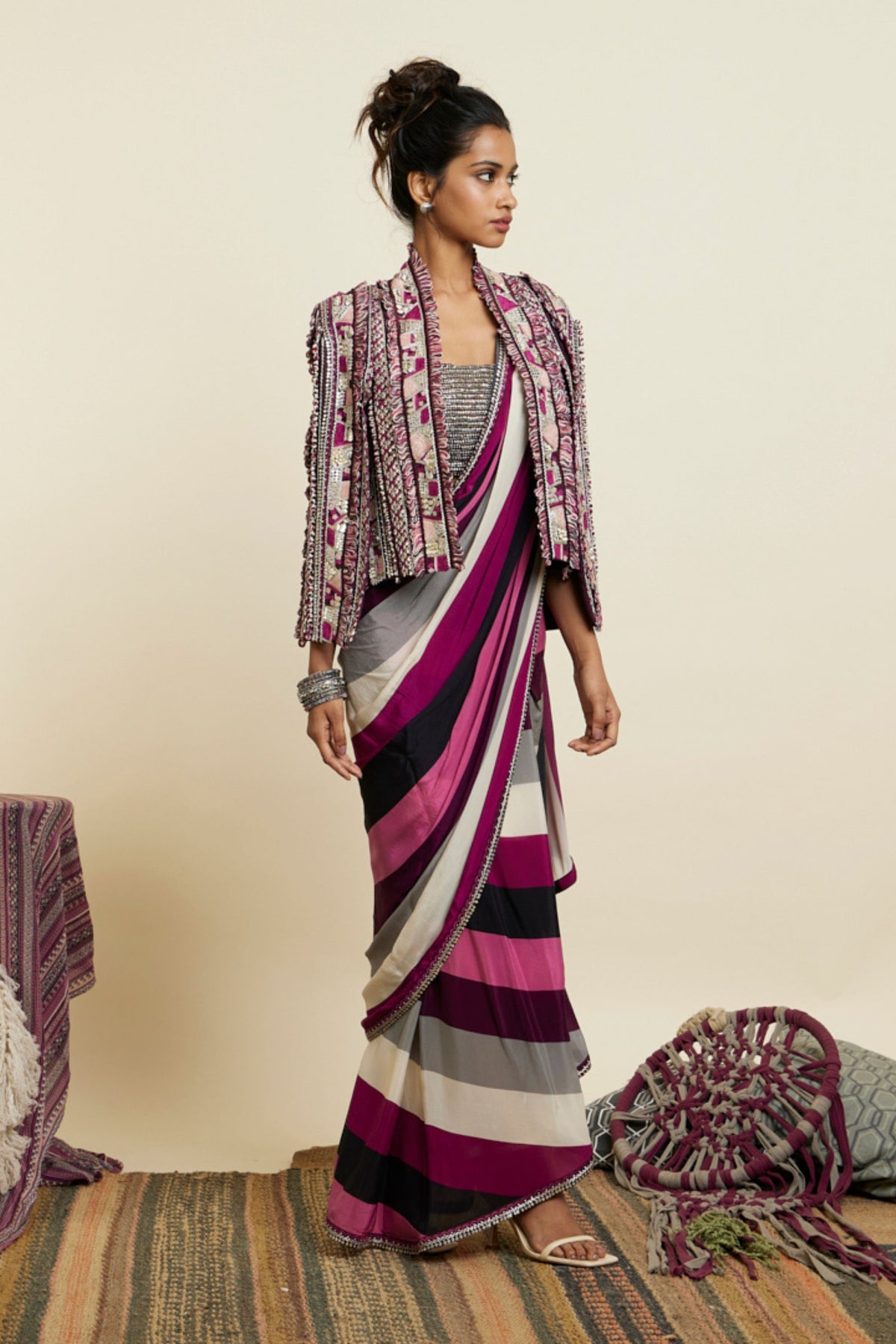 Merlot Stripe Print Cascade Saree Set