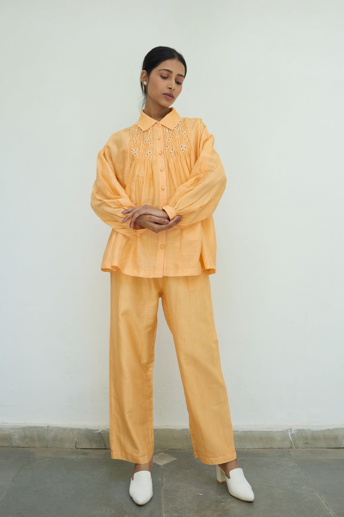 Orange Smocked Embroidered Shirt