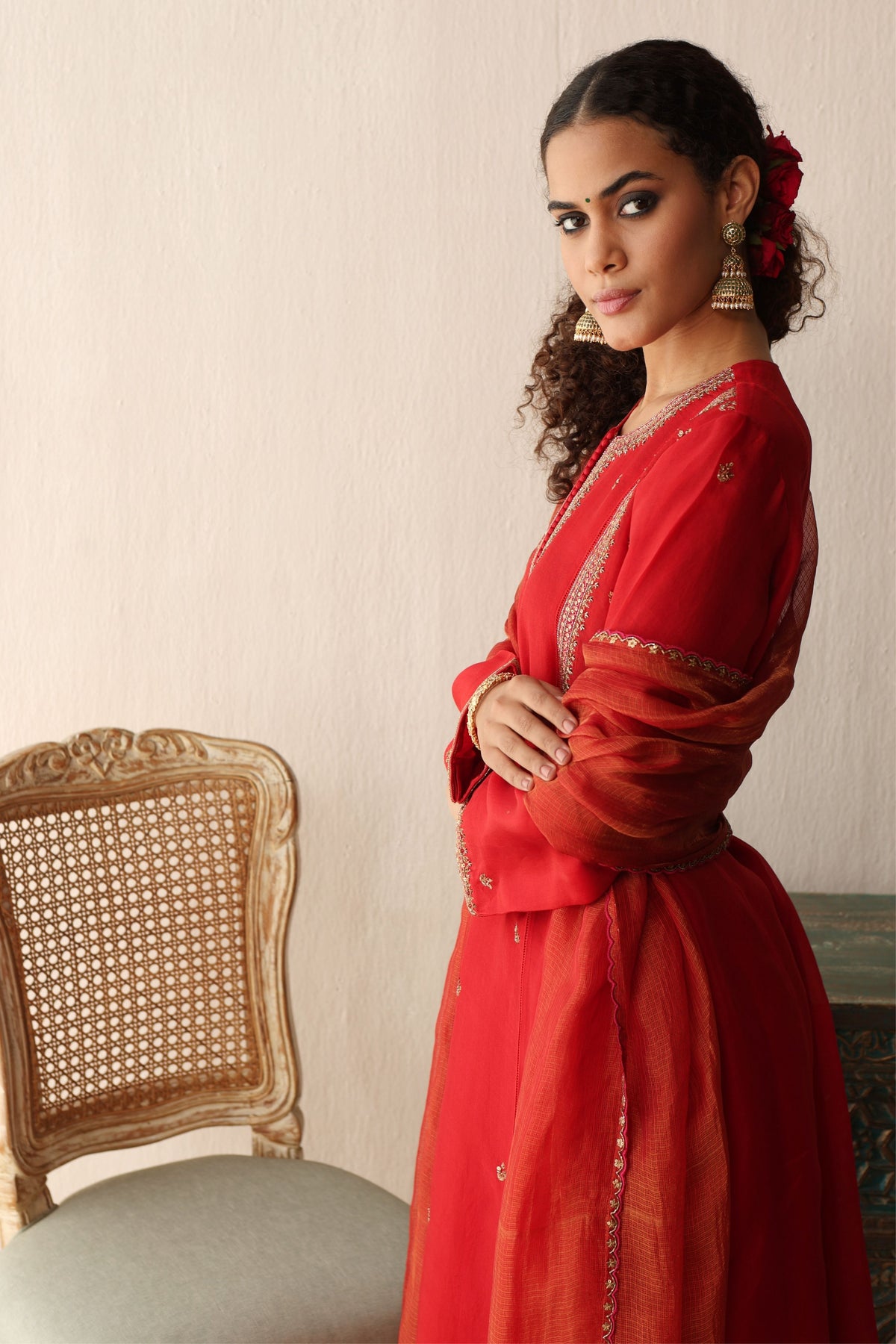 Red Hand Embroidered Kurta Set