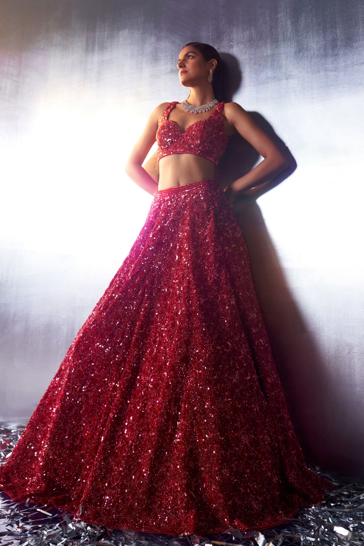 Red Net Crystals Lehenga Set