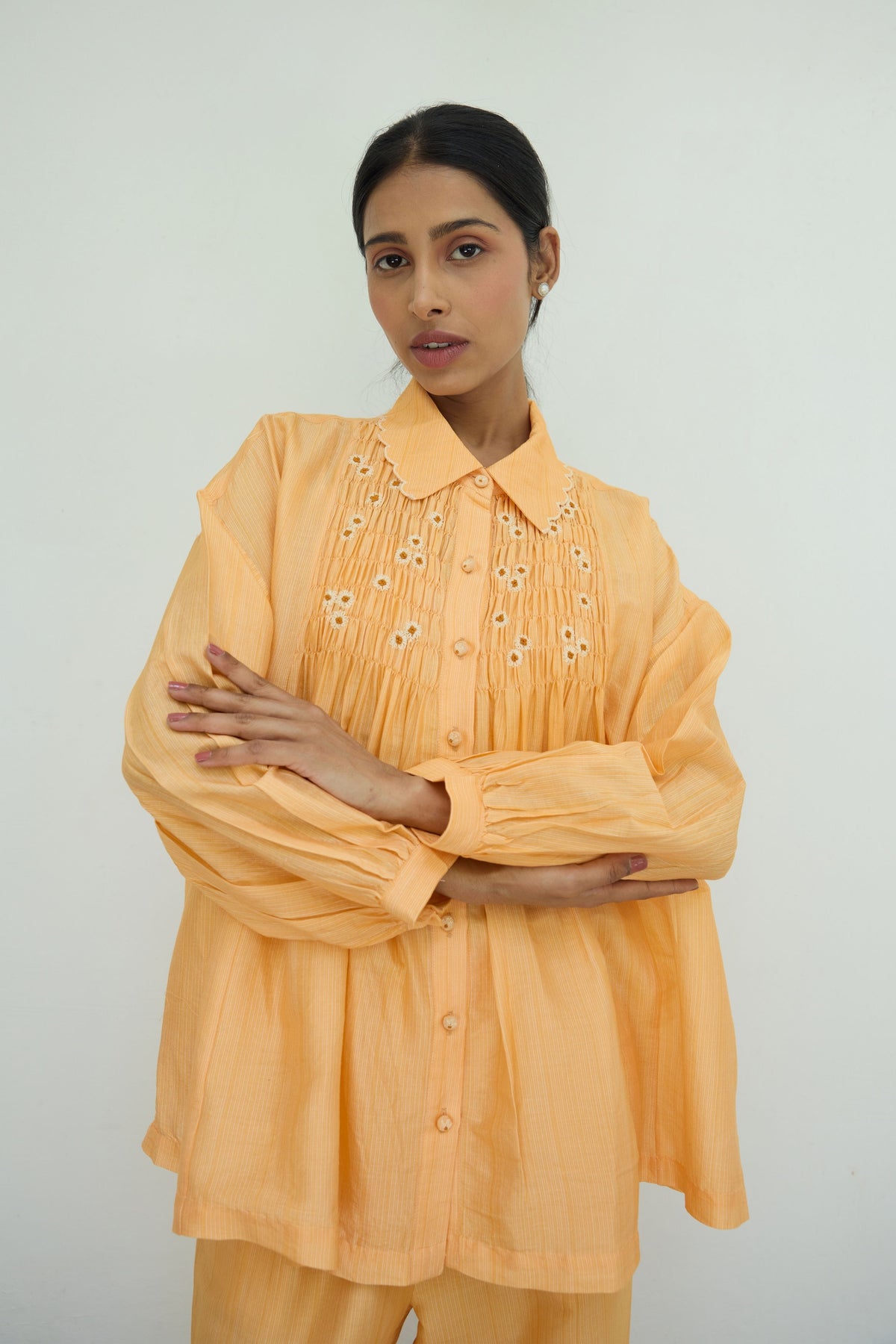 Orange Smocked Embroidered Shirt