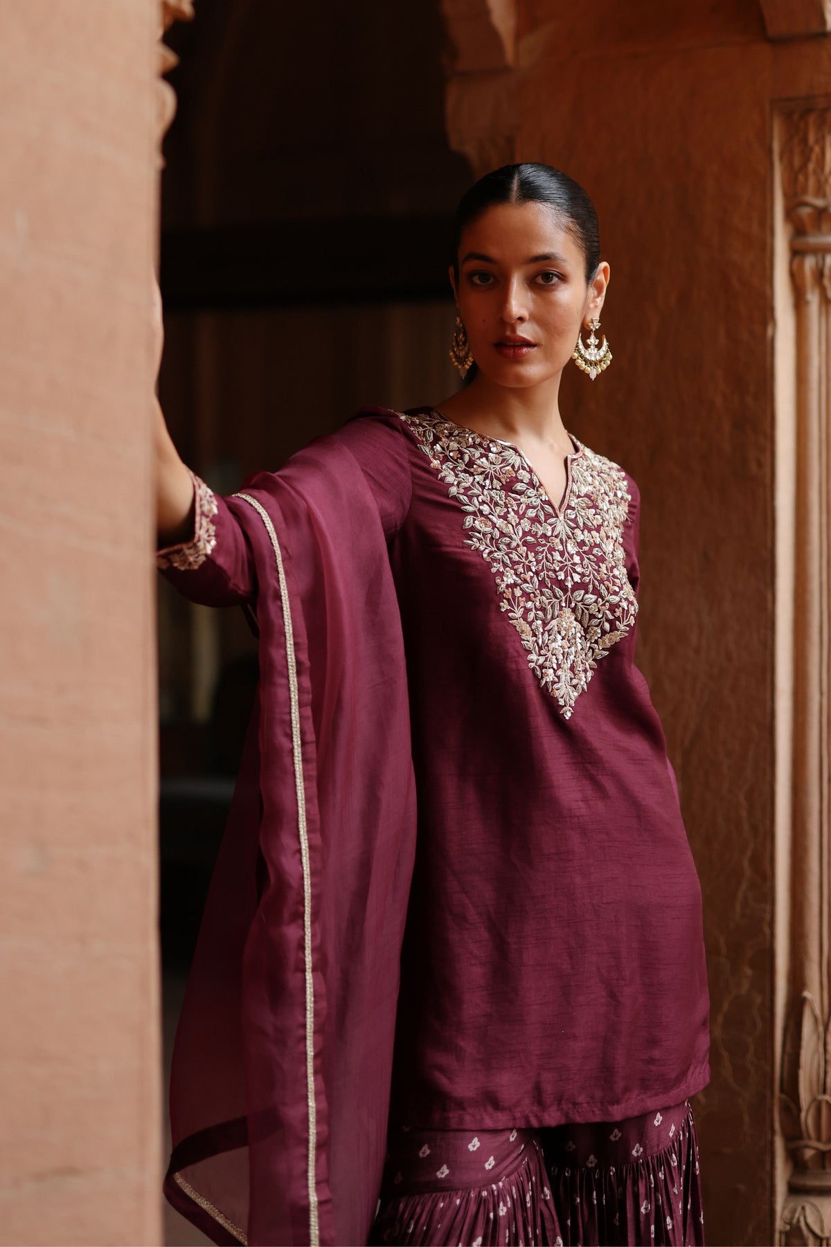 Wine Embroidered Sharara Set