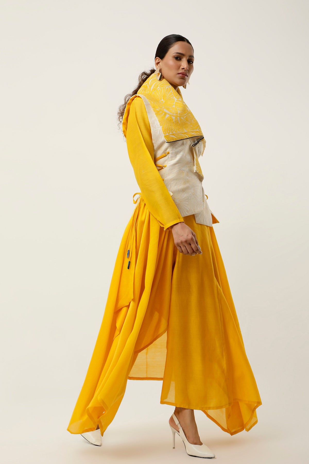 Yellow Drapped Collar Jacket Set