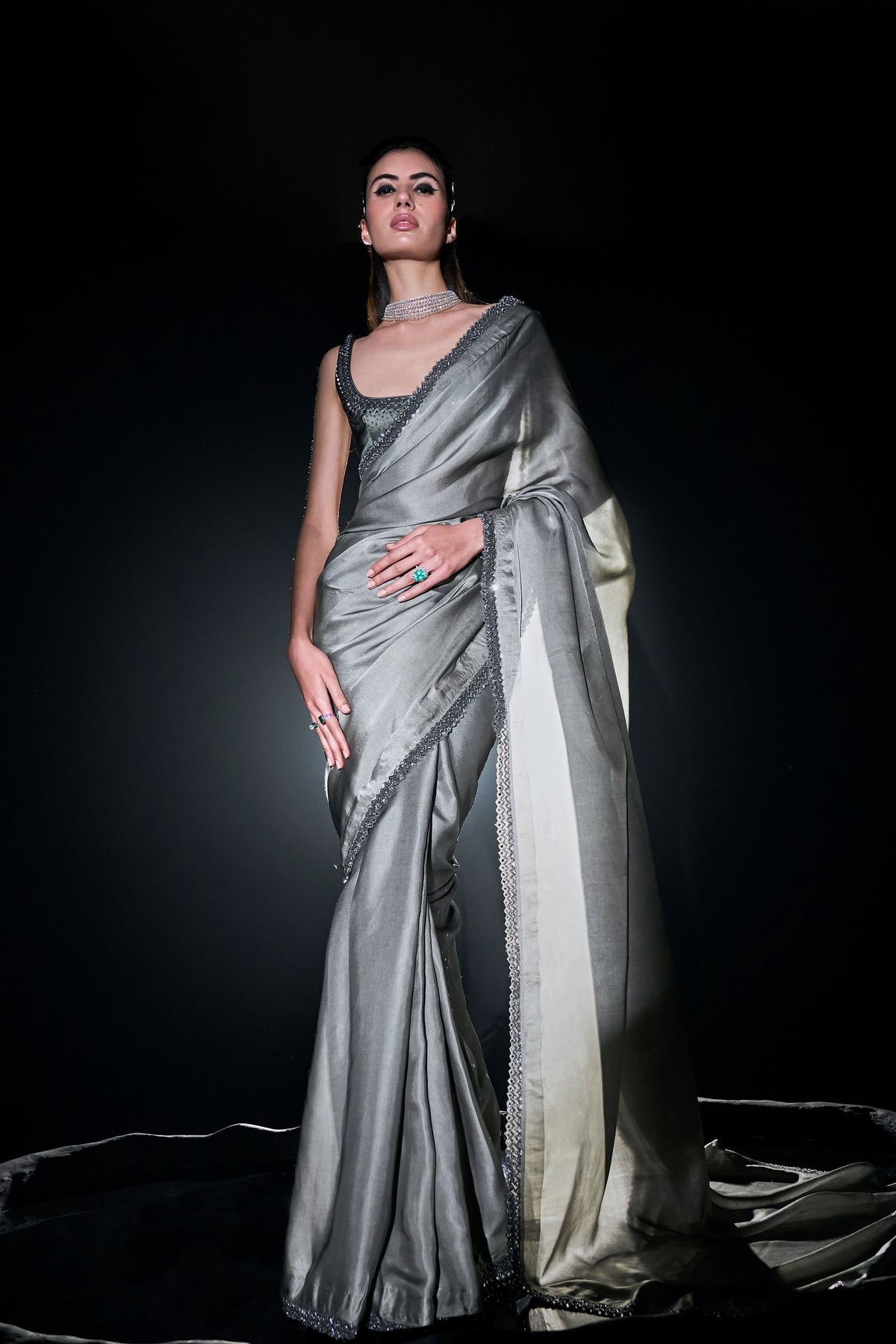 Grey Silver Satin Saree