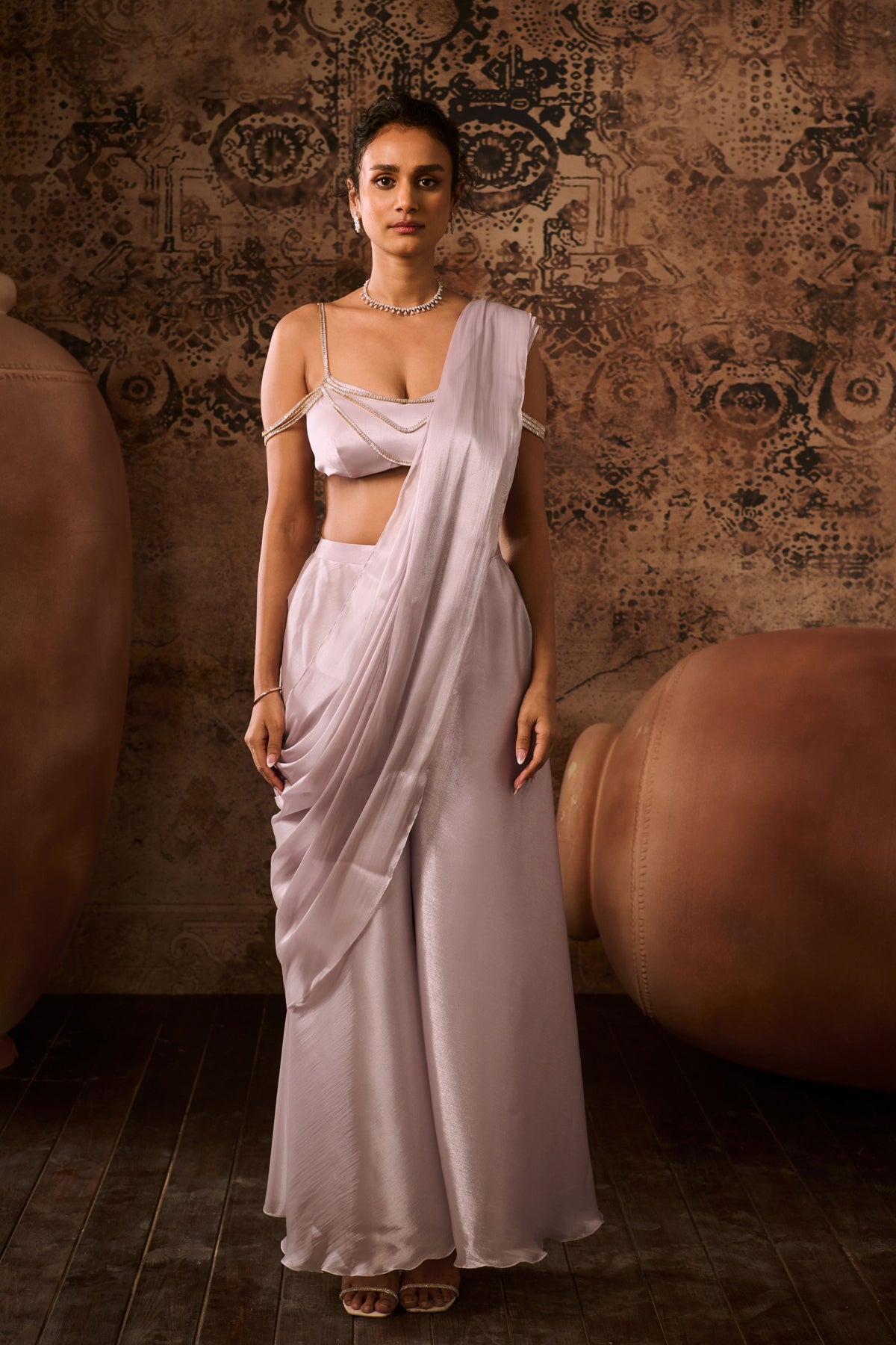 Silver Lilac Embroidered Top With Palazzo Saree