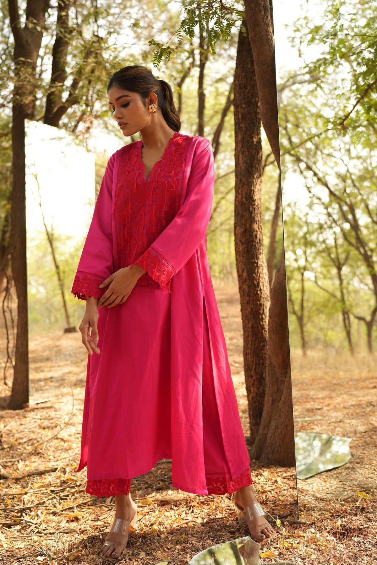 Pink Embroidered Kurta With Pants