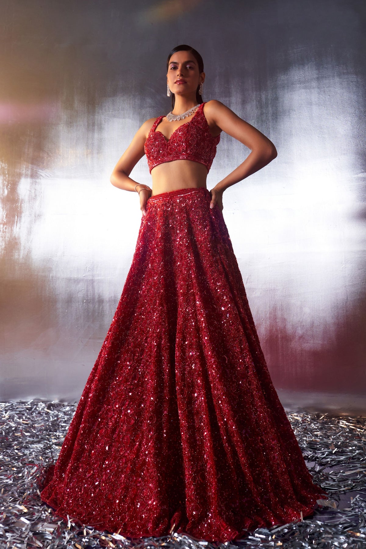 Red Net Crystals Lehenga Set