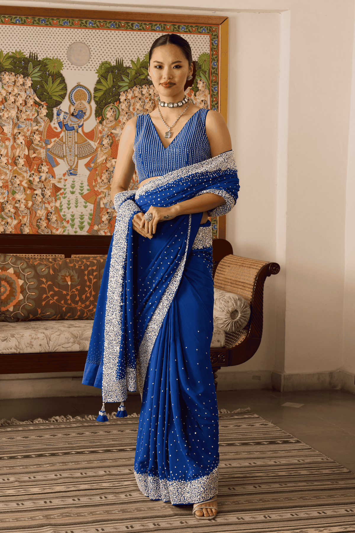 Blue Embroidered Saree Set