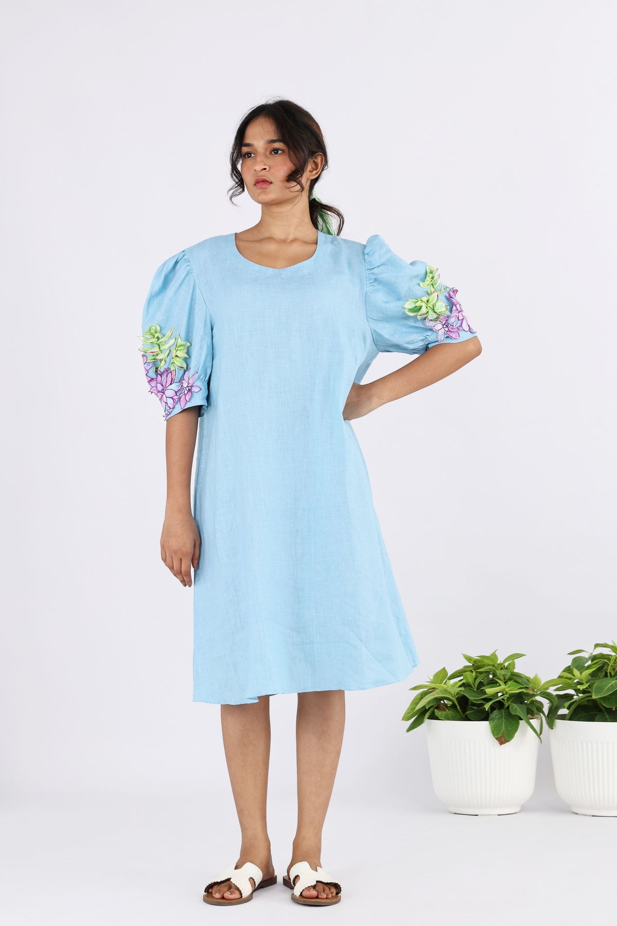 Pale Blue Plumeria Embroidered Dress