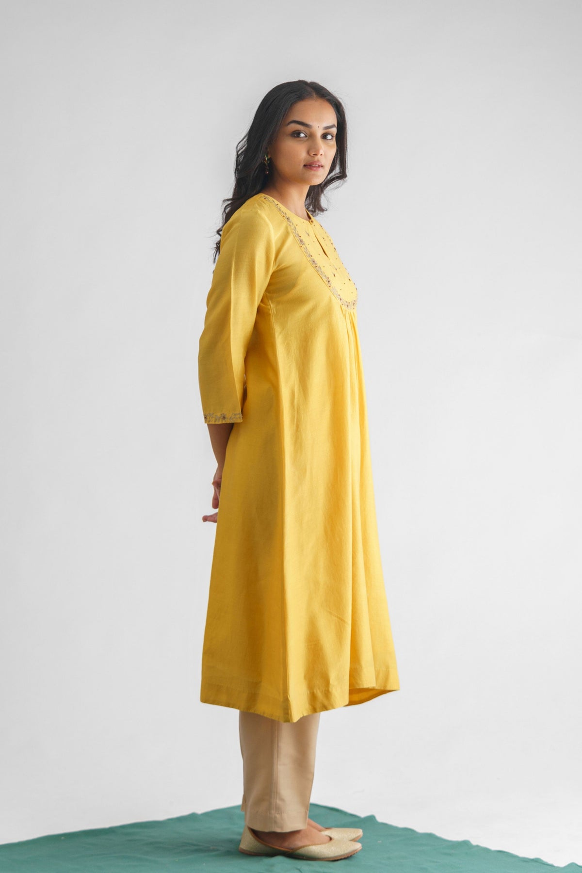 Yellow Gold Floral Embroidery Kurta