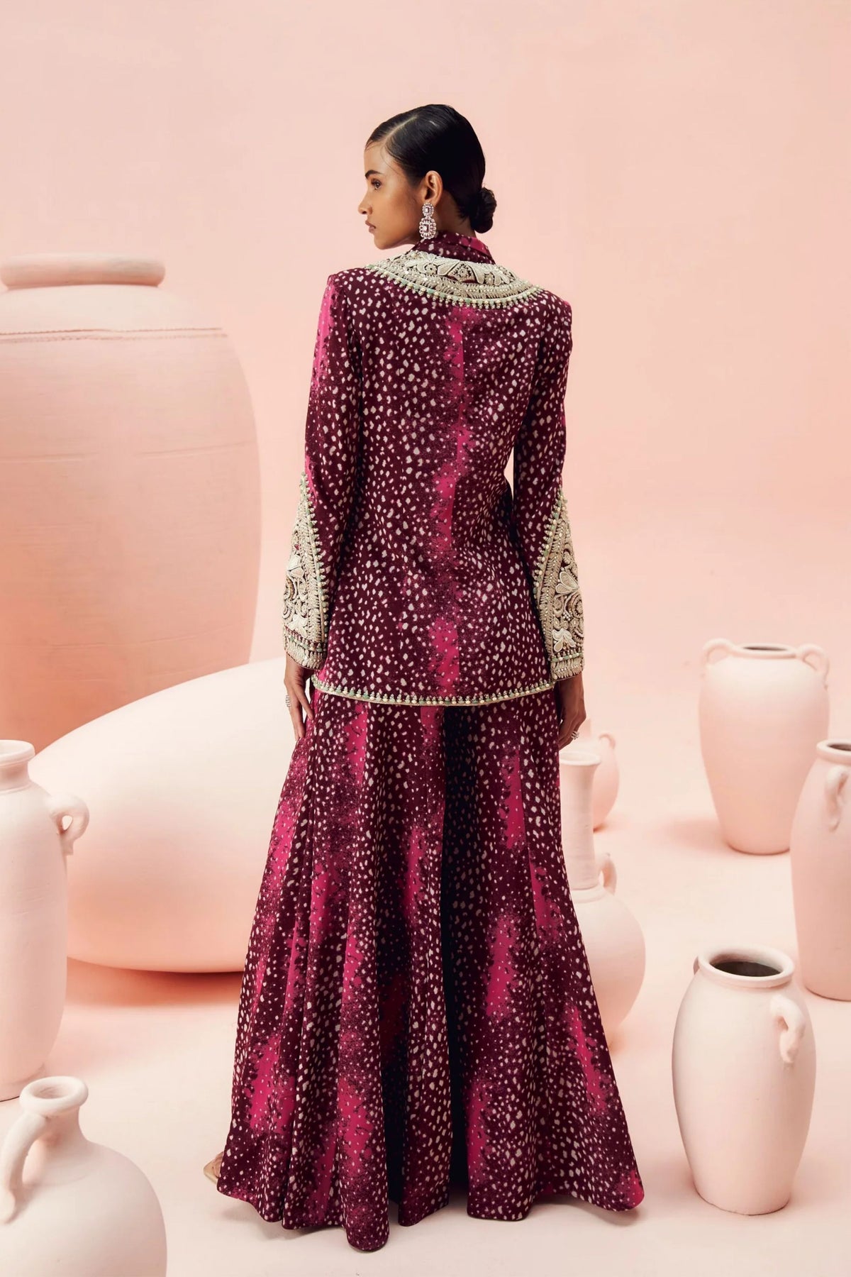 Burgundy Rosette Embroidered Jacket And Sharara Set