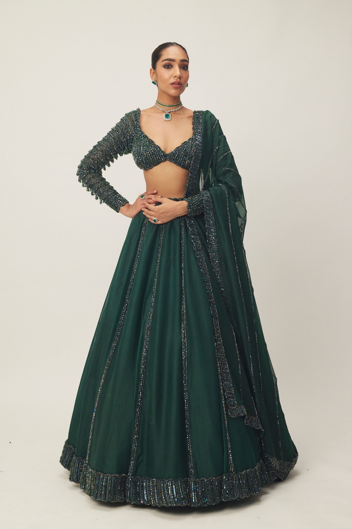 Dark Jade Green Organza Lehenga Set