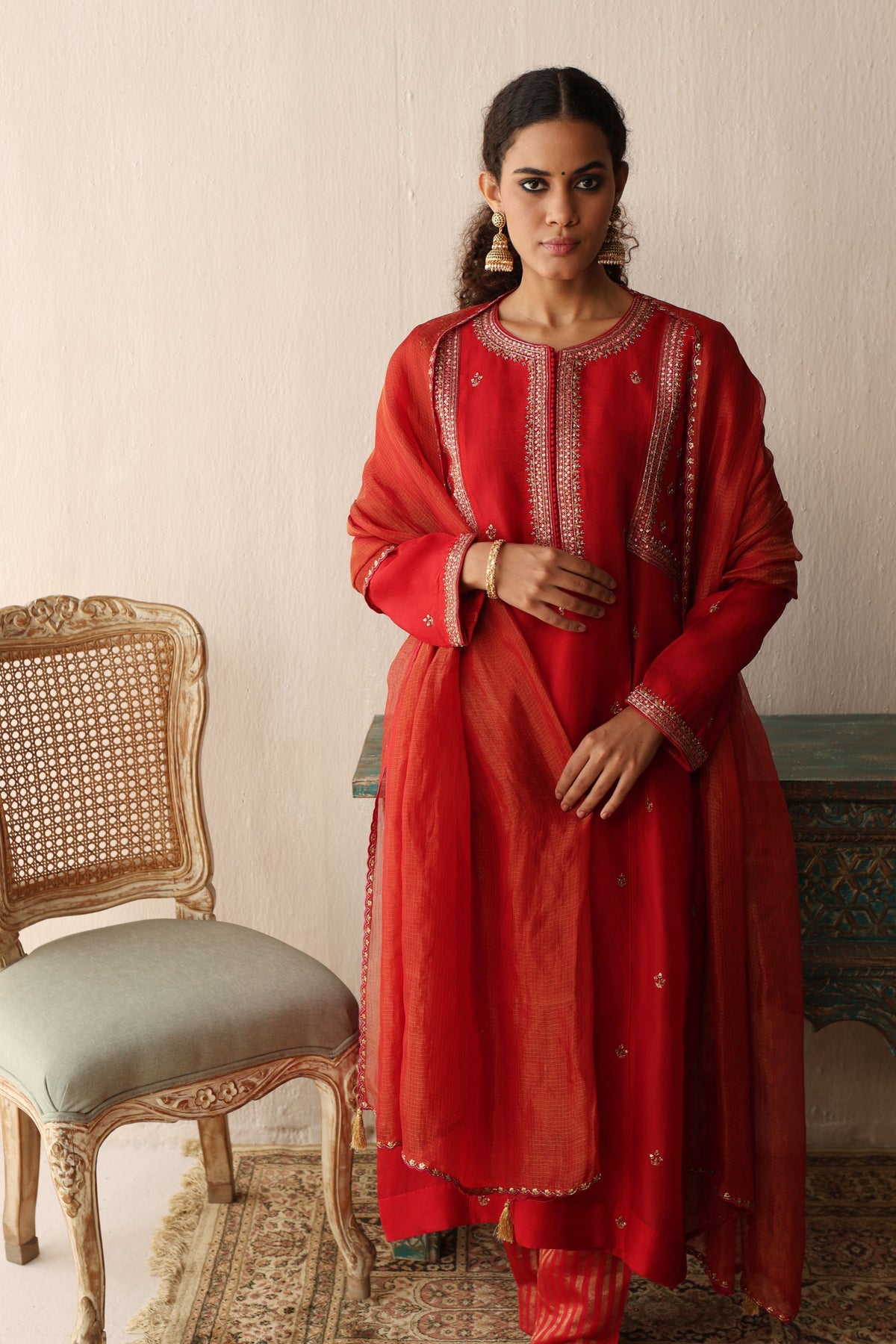 Red Hand Embroidered Kurta Set