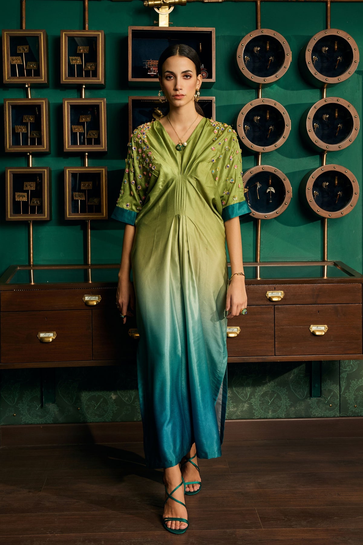 Green Ombre Embroidered Kaftan