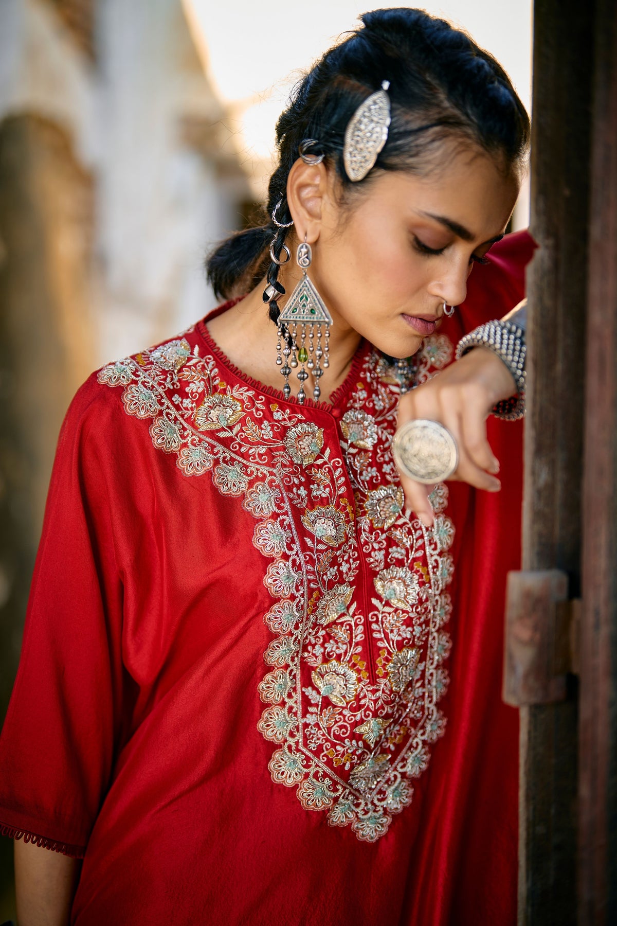 Embroidered Kaftan in Red