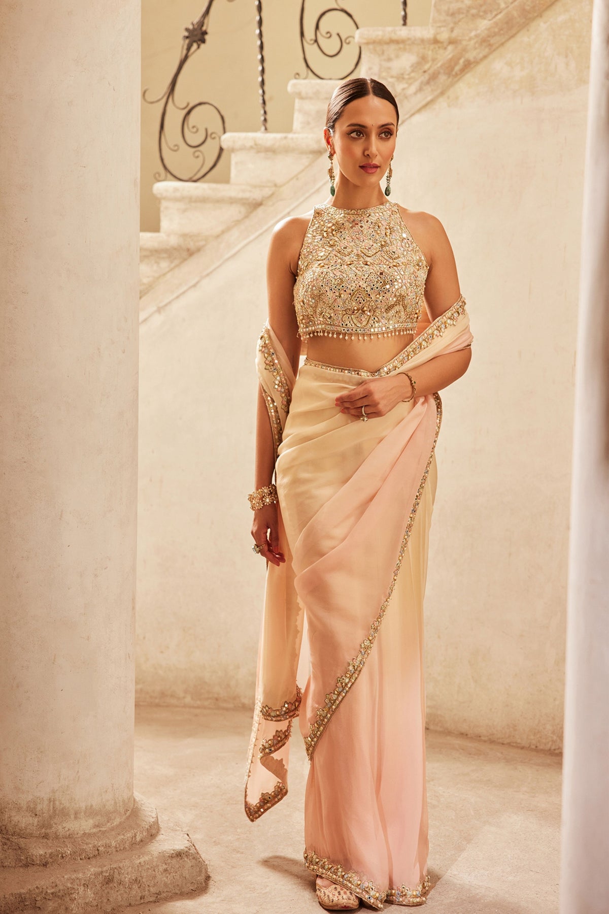 Pink Ivory Ombre Organza Saree Set