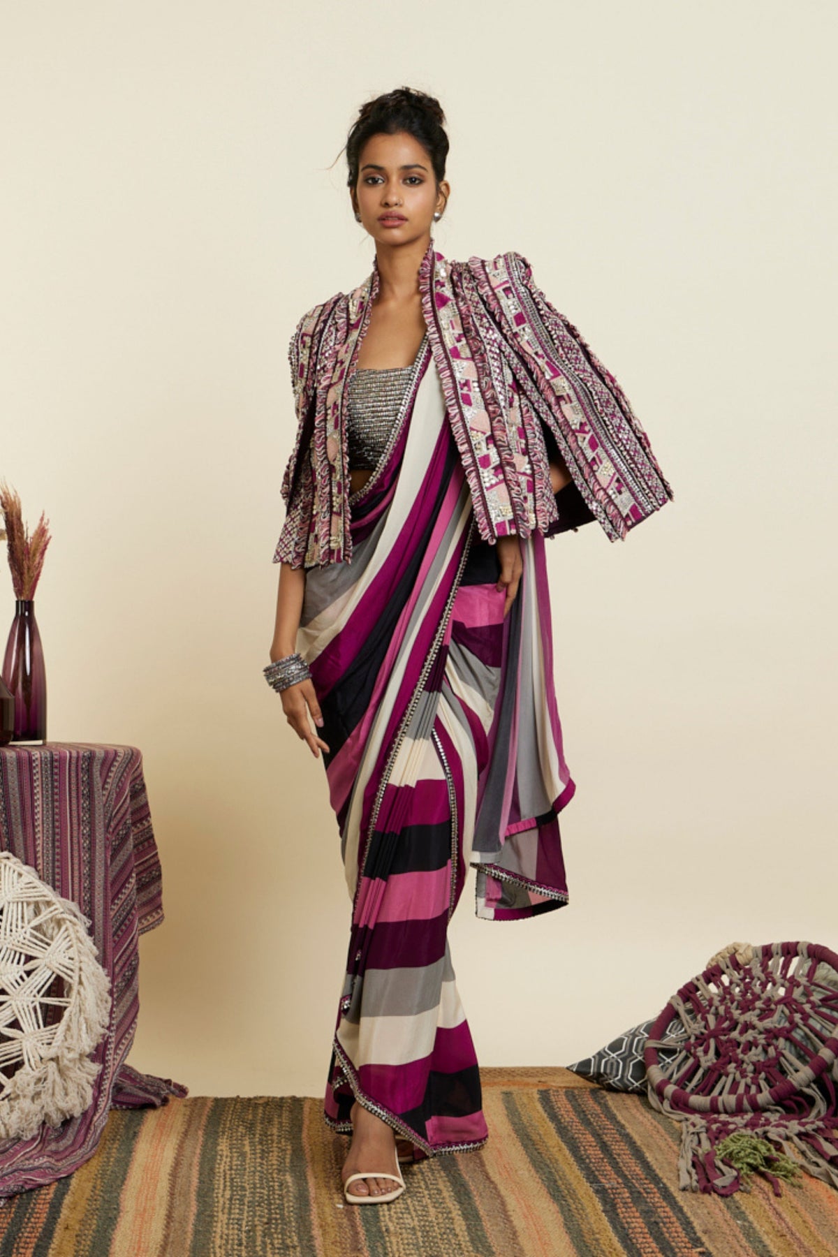 Merlot Stripe Print Cascade Saree Set