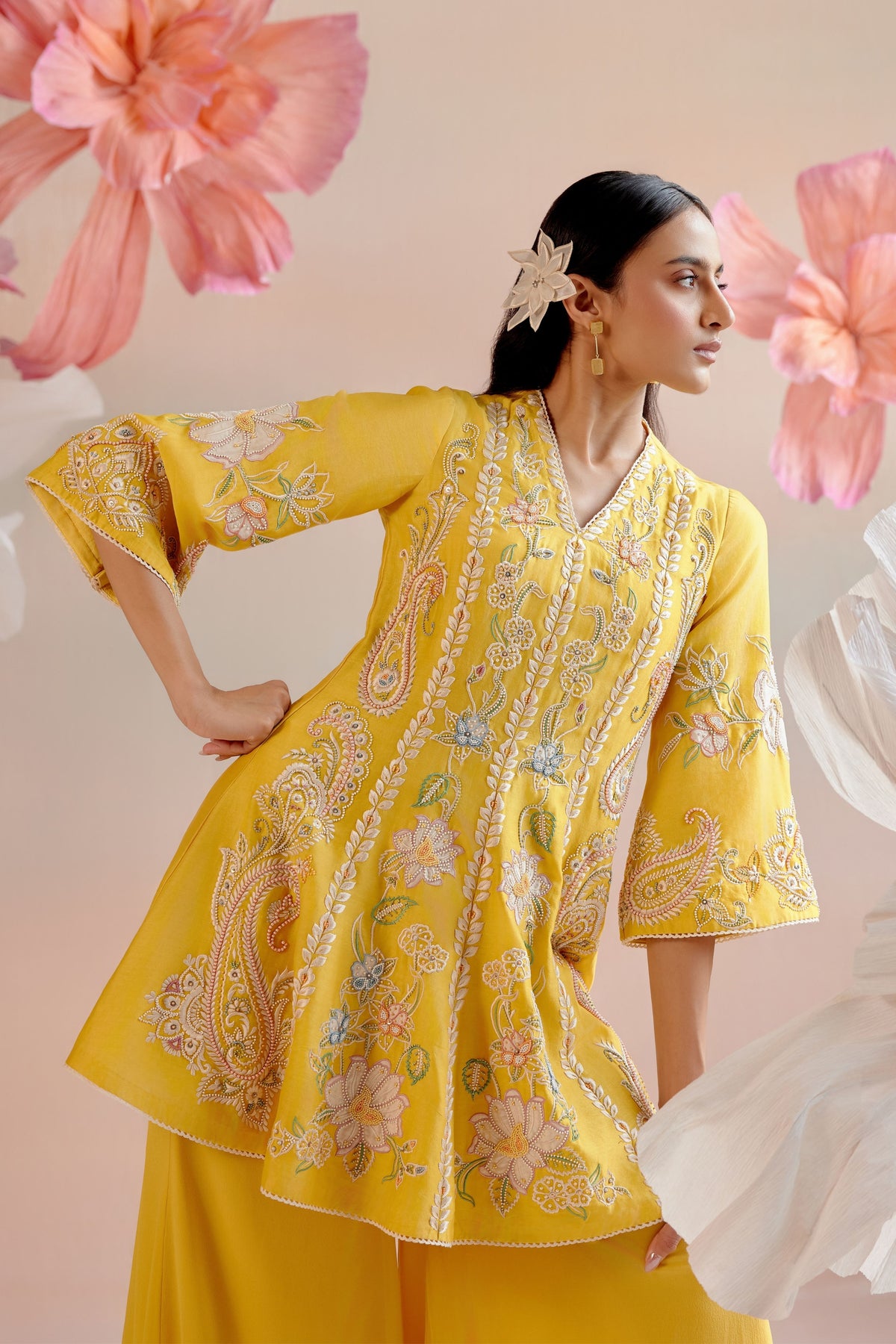 Yellow Flared Short Kurta Set