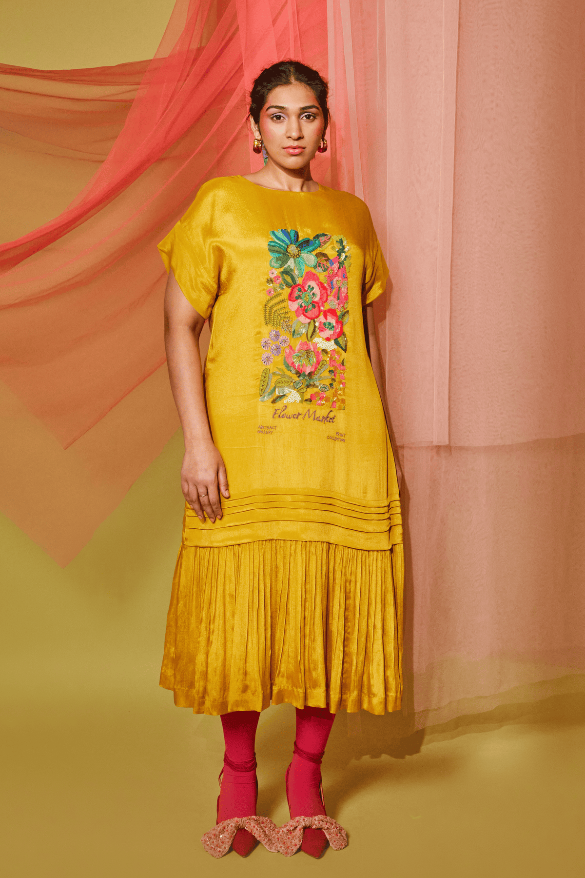 Floral Poster Midi Flapper Mustard