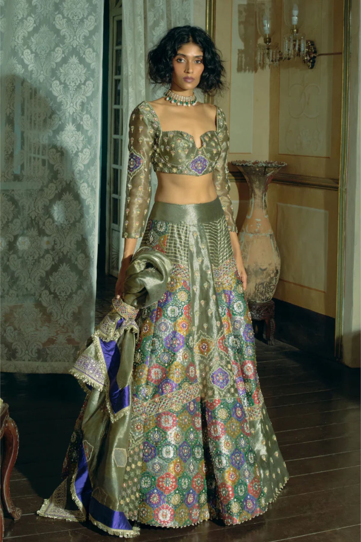 Grey Tissue Lehenga Set