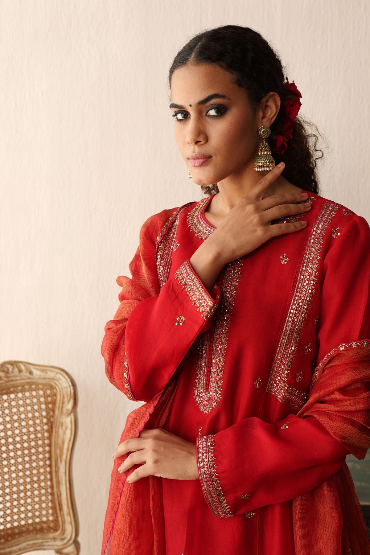 Red Hand Embroidered Kurta Set