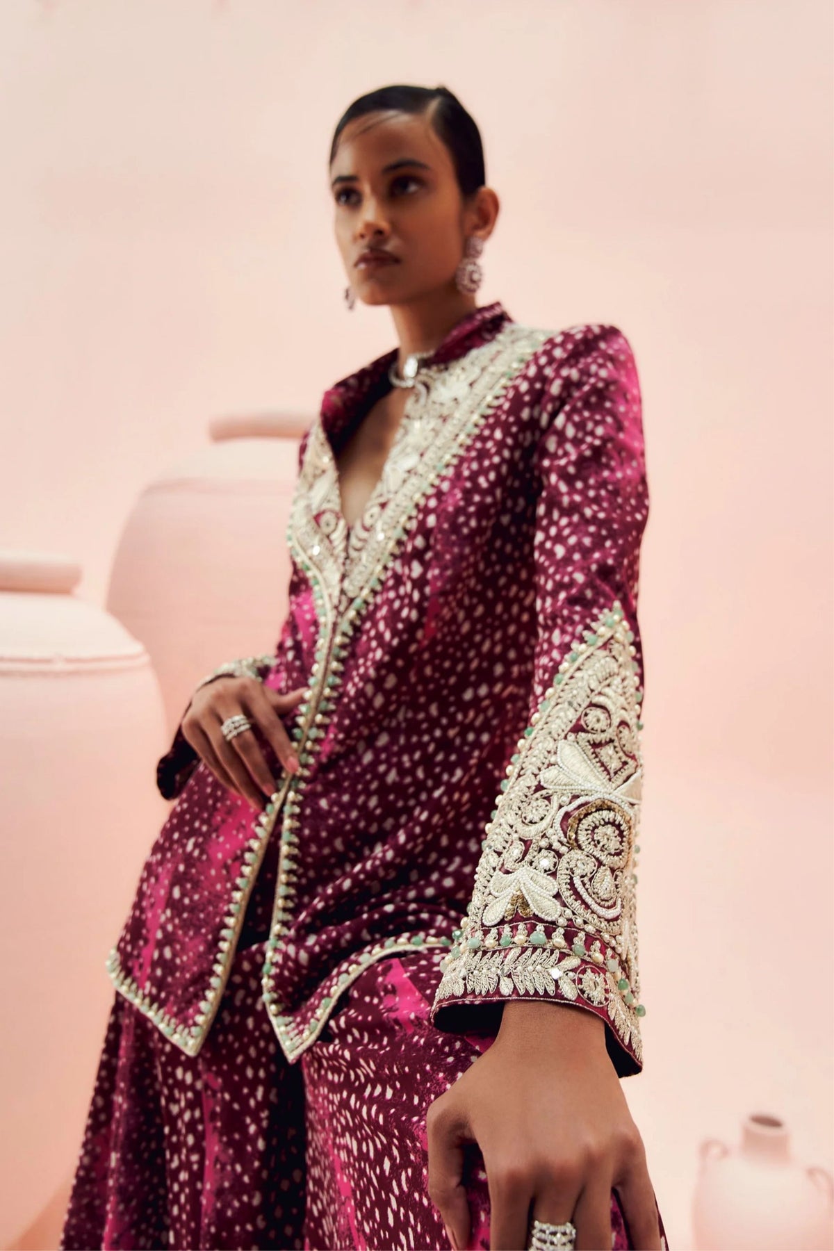 Burgundy Rosette Embroidered Jacket And Sharara Set