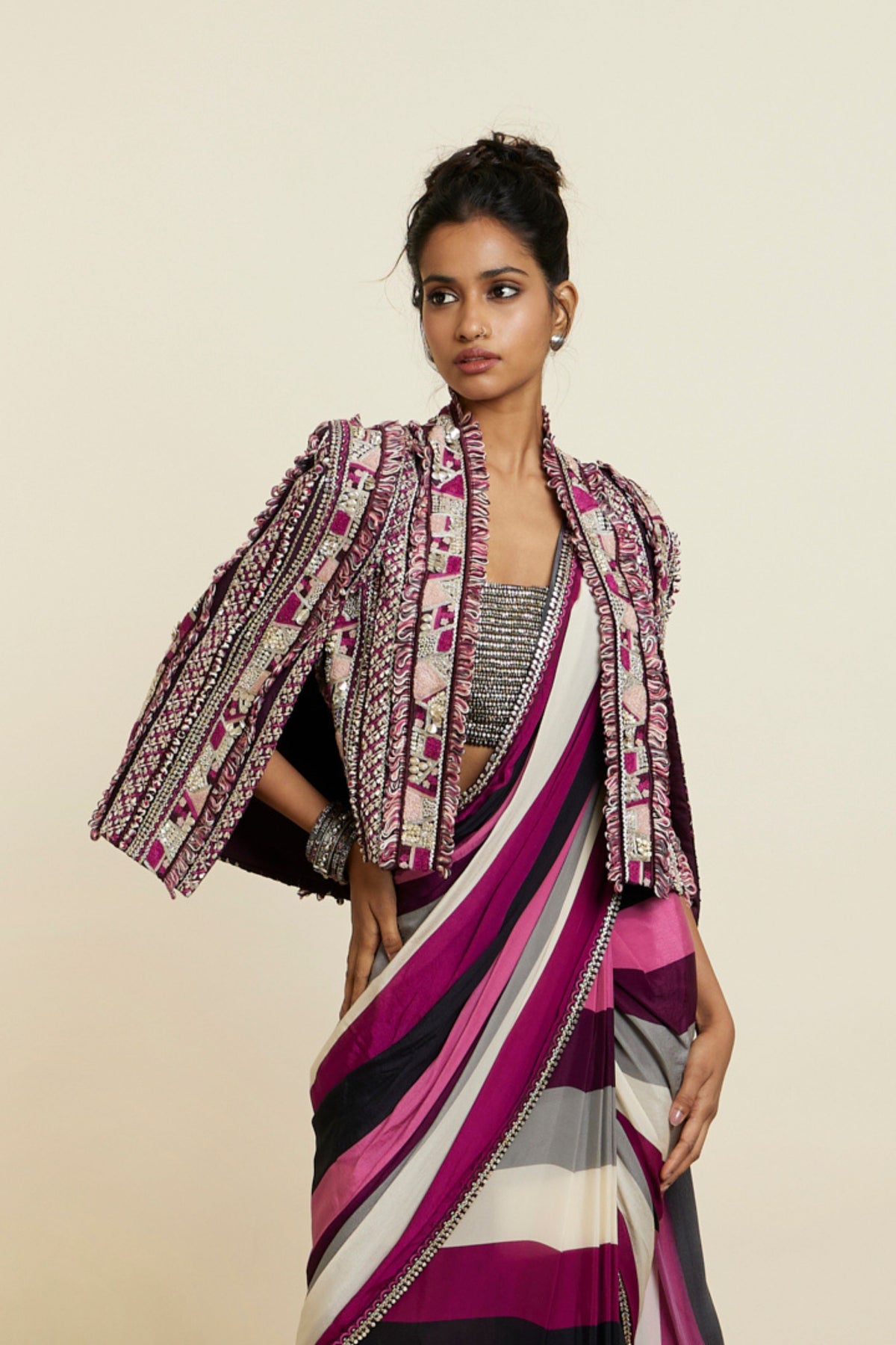 Merlot Stripe Print Cascade Saree Set