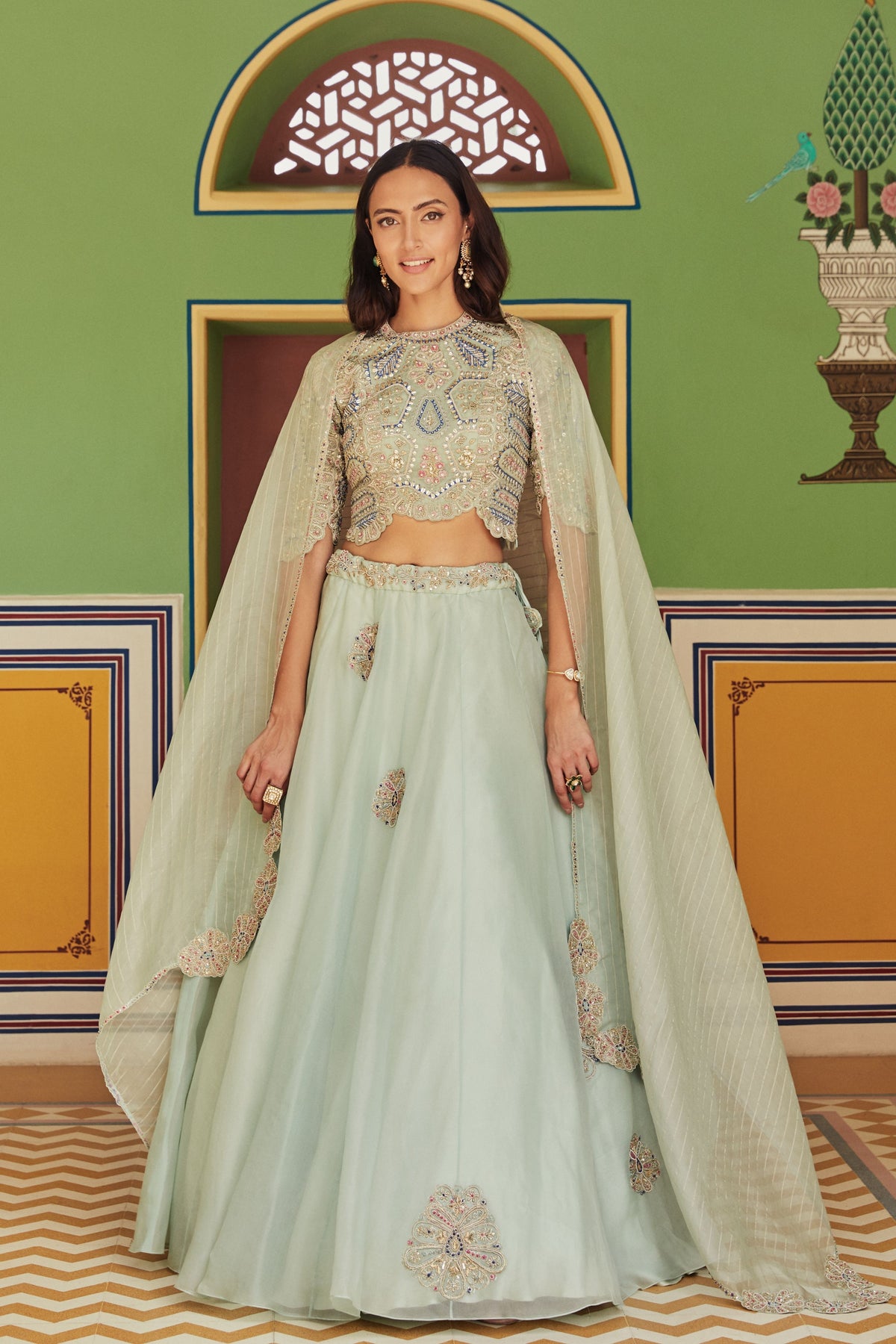 Sage embroidered organza lehenga set