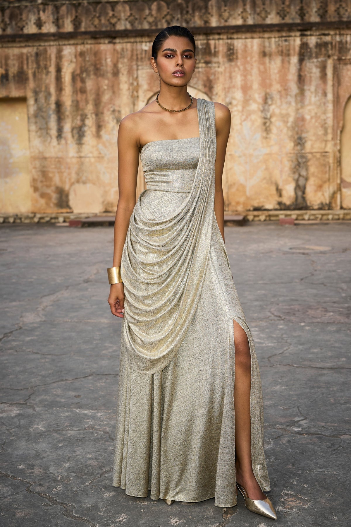 Champagne Saree Drape Gown