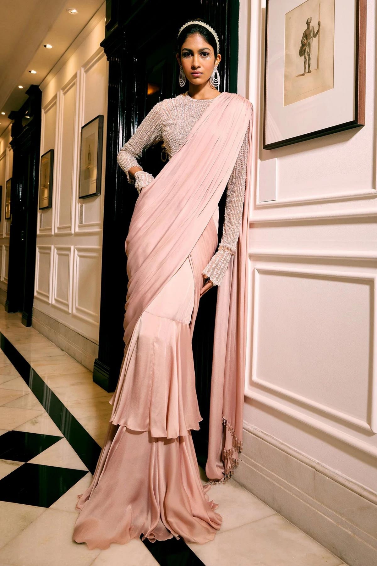 Beige Attached Draped Saree With Blouse