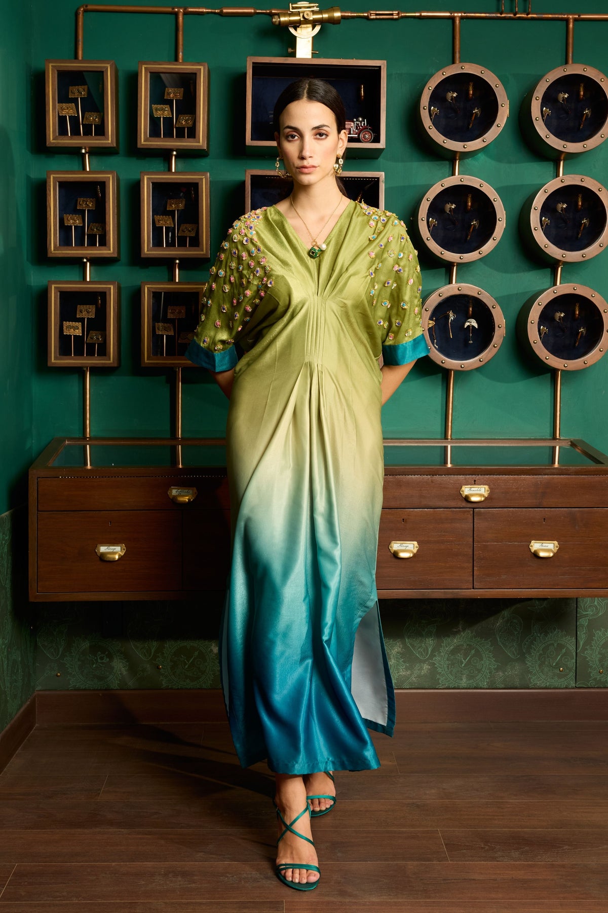 Green Ombre Embroidered Kaftan