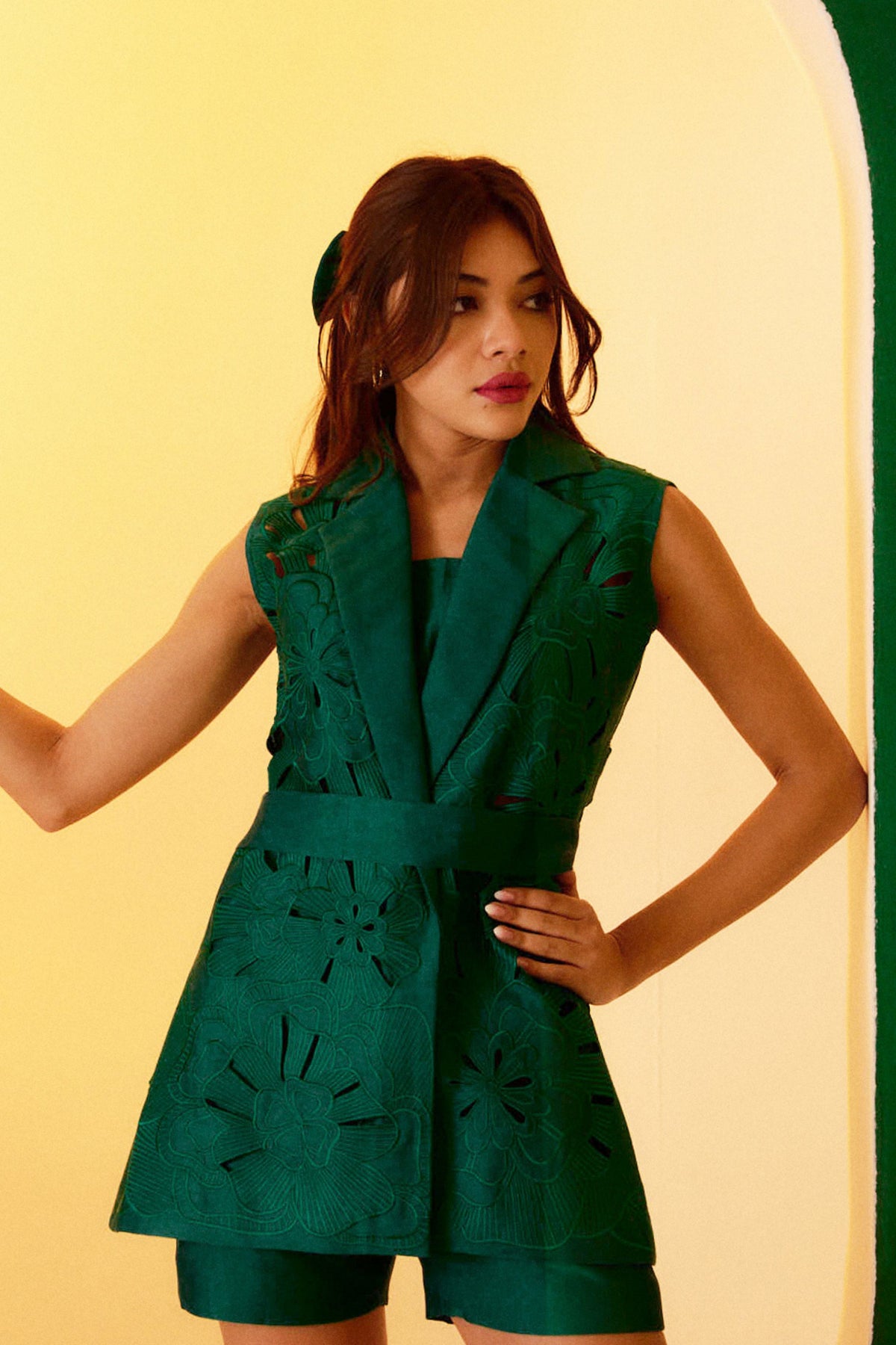 Emerald Green Embroidered Cutwork Bloom Jacket