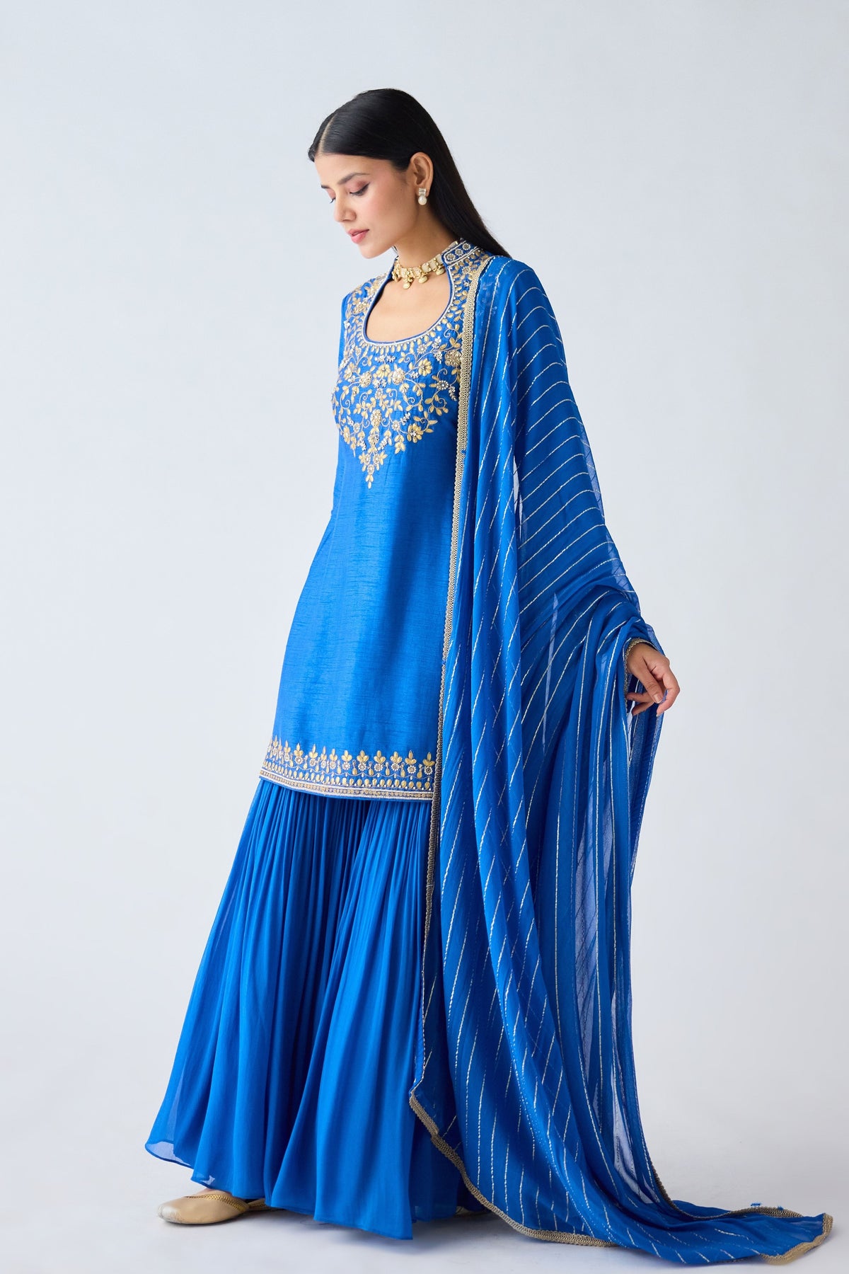 Blue Silk Embroidered Sharara Set