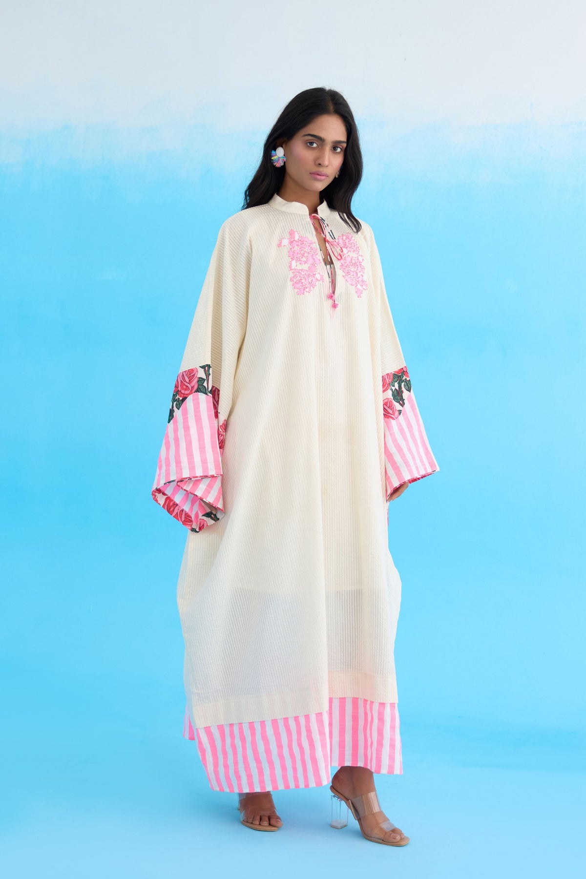 Cream Crouching Applique Kaftan Dress