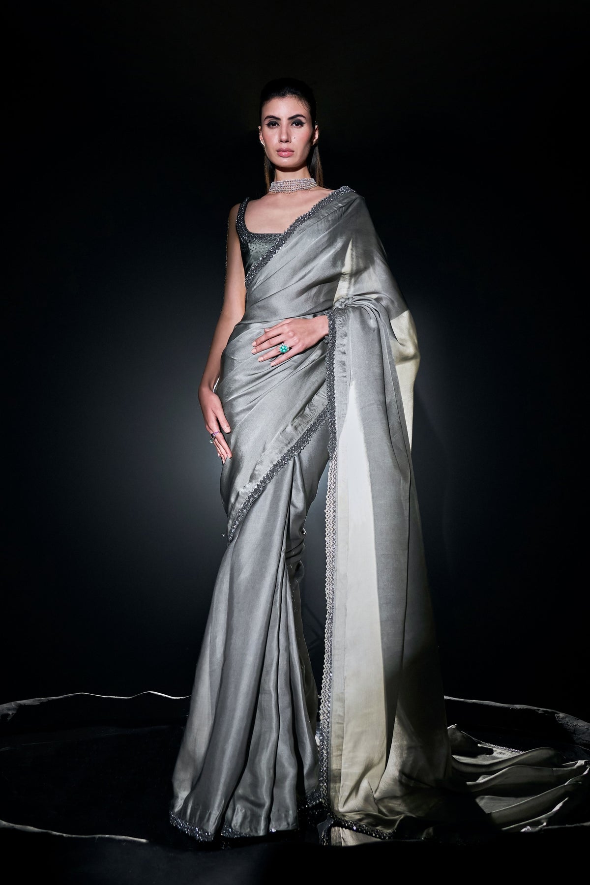 Grey Silver Satin Saree