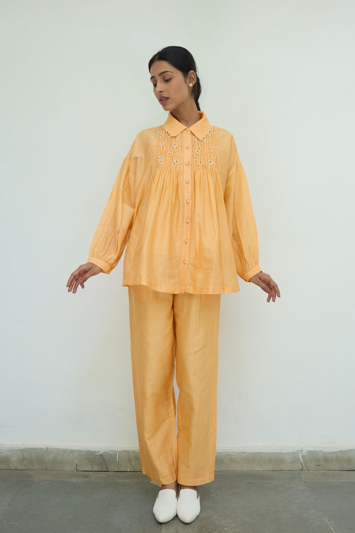 Orange Smocked Embroidered Shirt