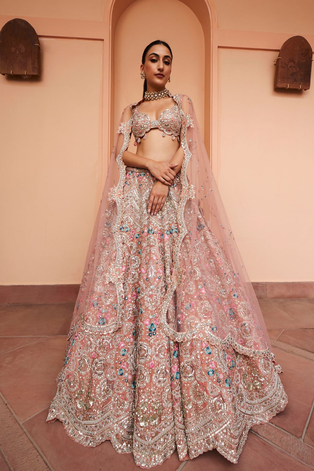 Coral Embroidered Lehenga Set