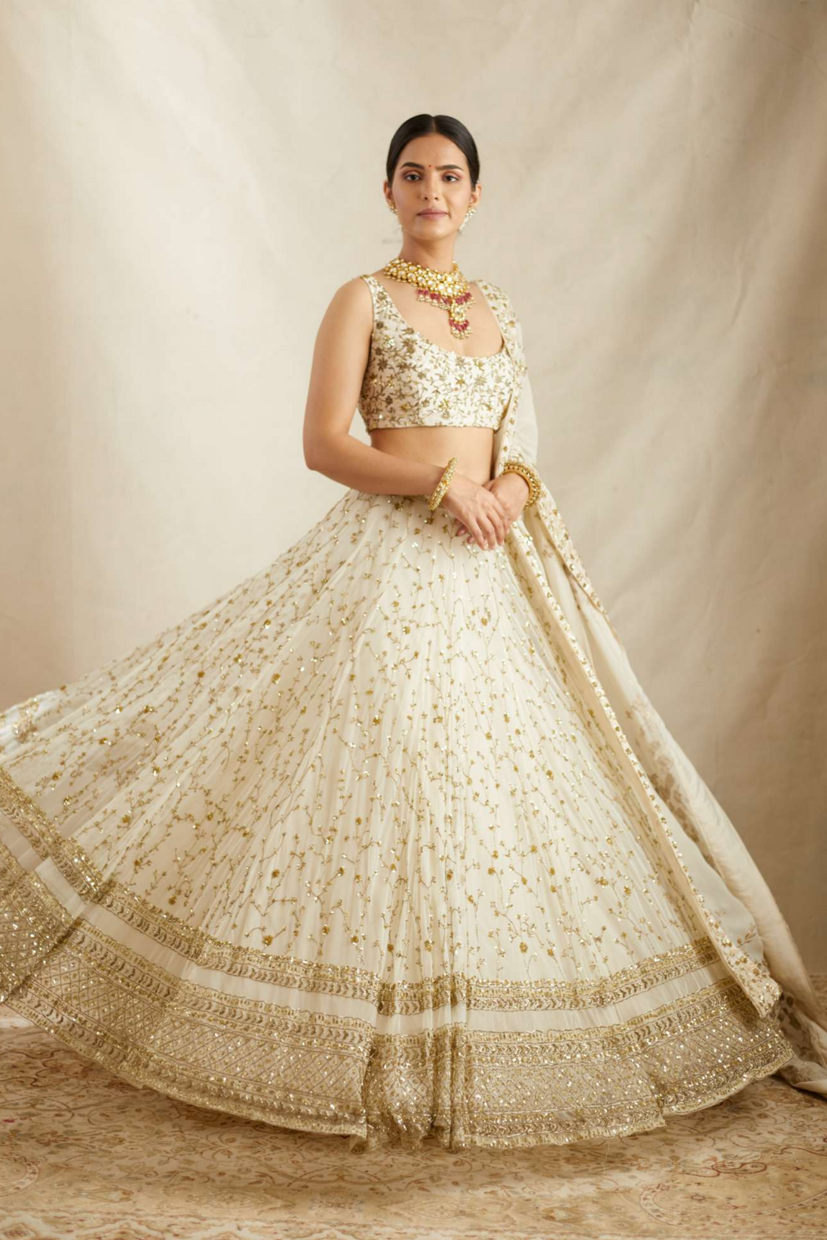 Off White Net Border Lehenga Set