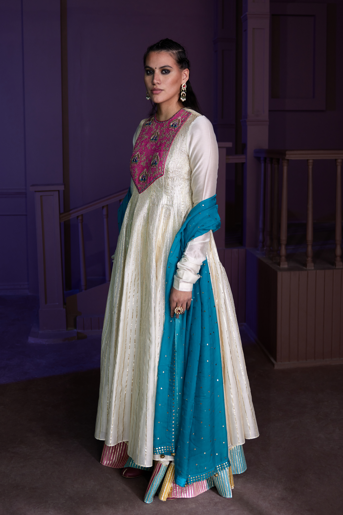 White Chanderi Anarkali Kurti Set