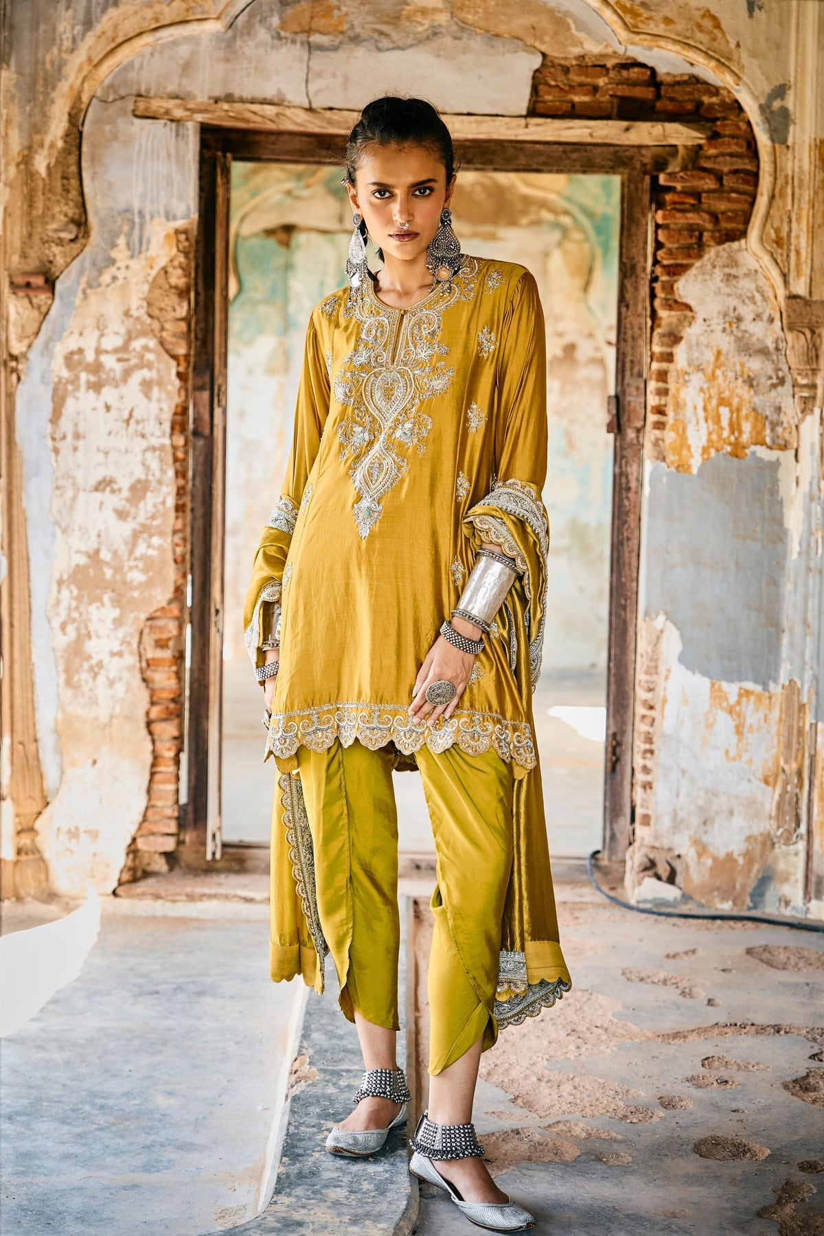 Embroidered Mustard Kurta Set