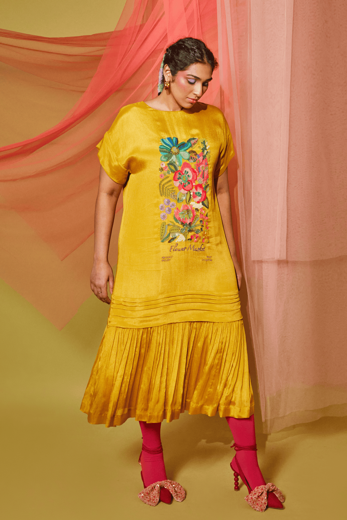 Floral Poster Midi Flapper Mustard